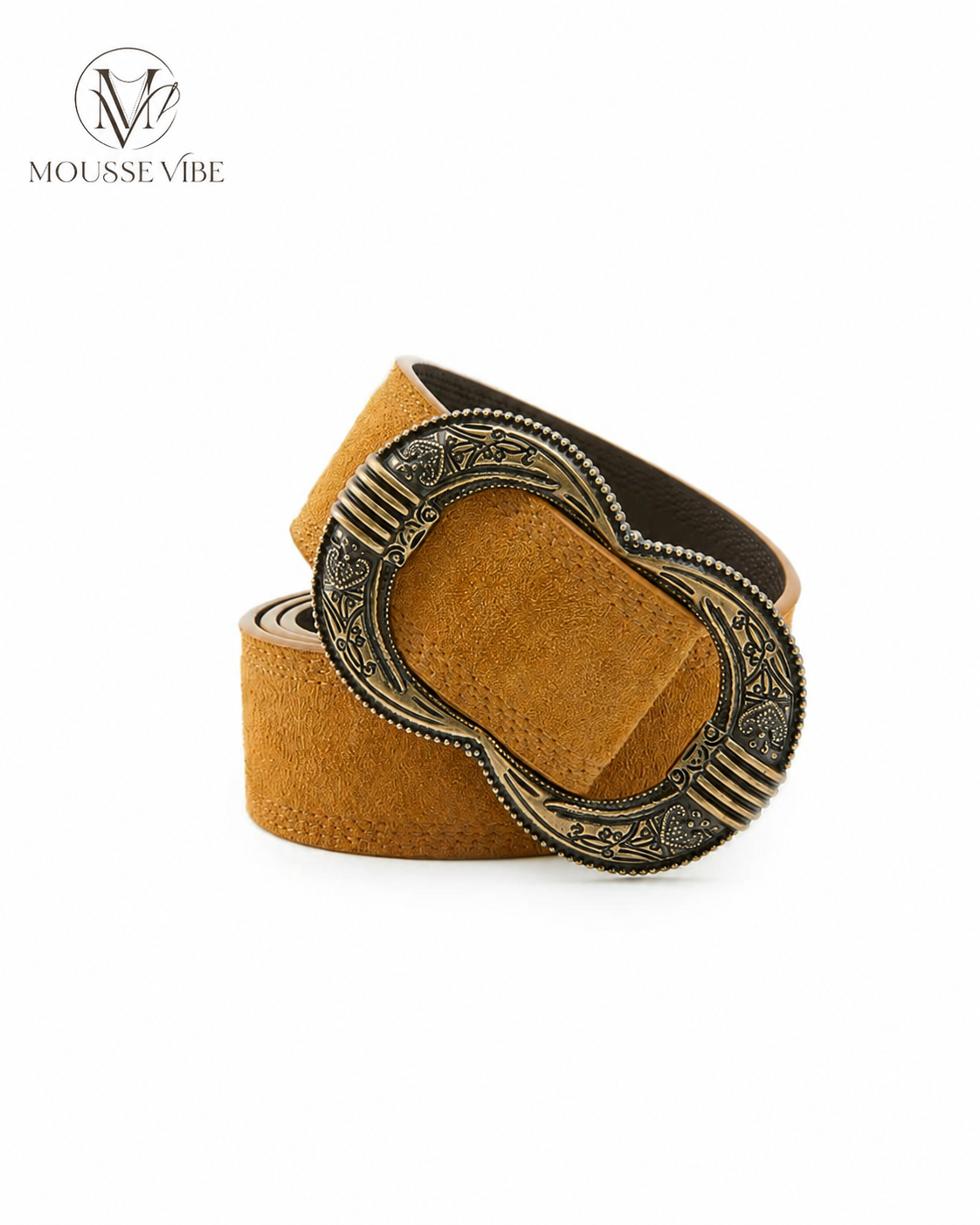 French Retro Suede Belt with Metal Embossed Buckle