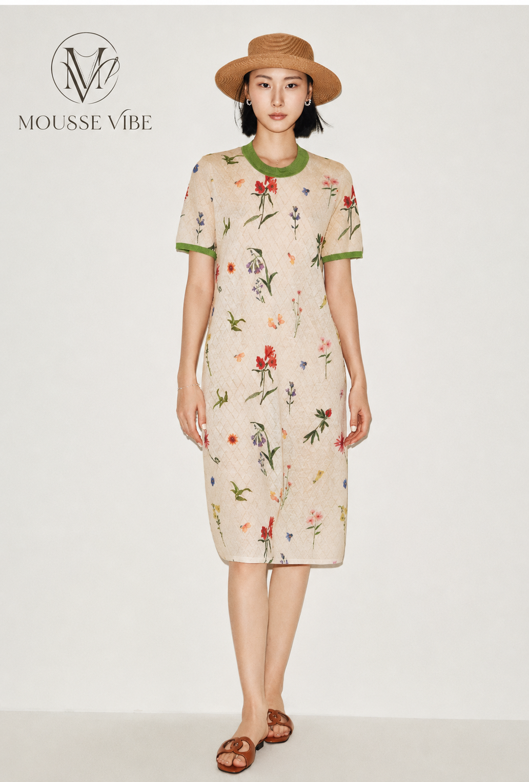 Floral Series Acrylic Print Color Block Loose Dress