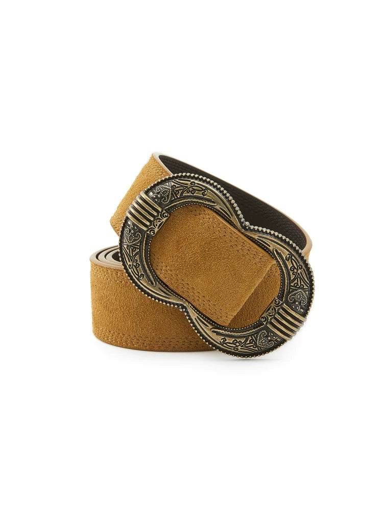 French Retro Suede Belt with Metal Embossed Buckle