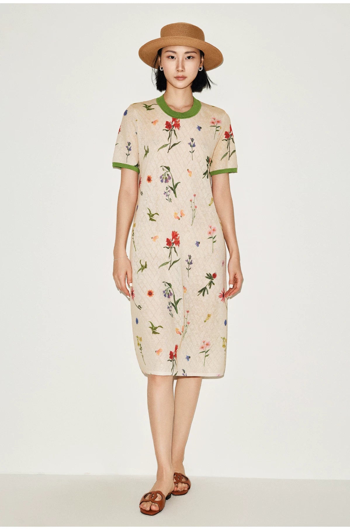 Floral Series Acrylic Print Color Block Loose Dress